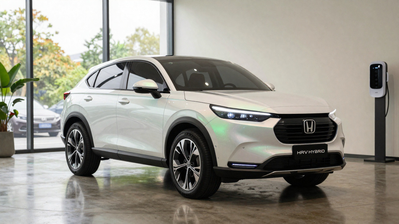 Carro branco Honda HR-V Hybrid estacionado em área interna com piso de concreto e parede bege.
