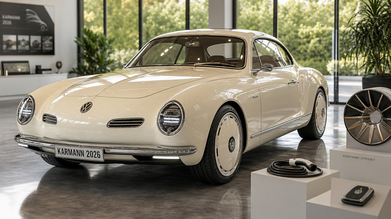 Carro elétrico Volkswagen Karmann 2026 branco exposto em showroom moderno com grande janela ao fundo.