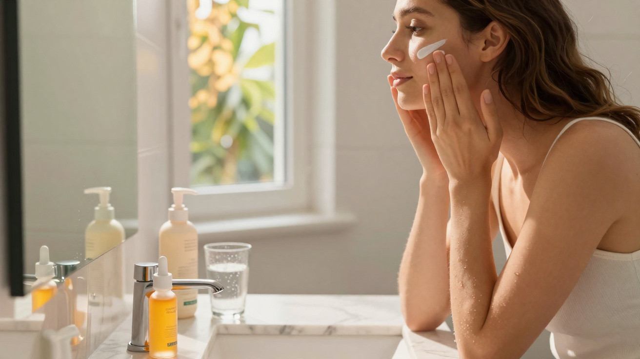 Mulher aplicando creme facial no rosto em banheiro iluminado pela luz natural da janela.