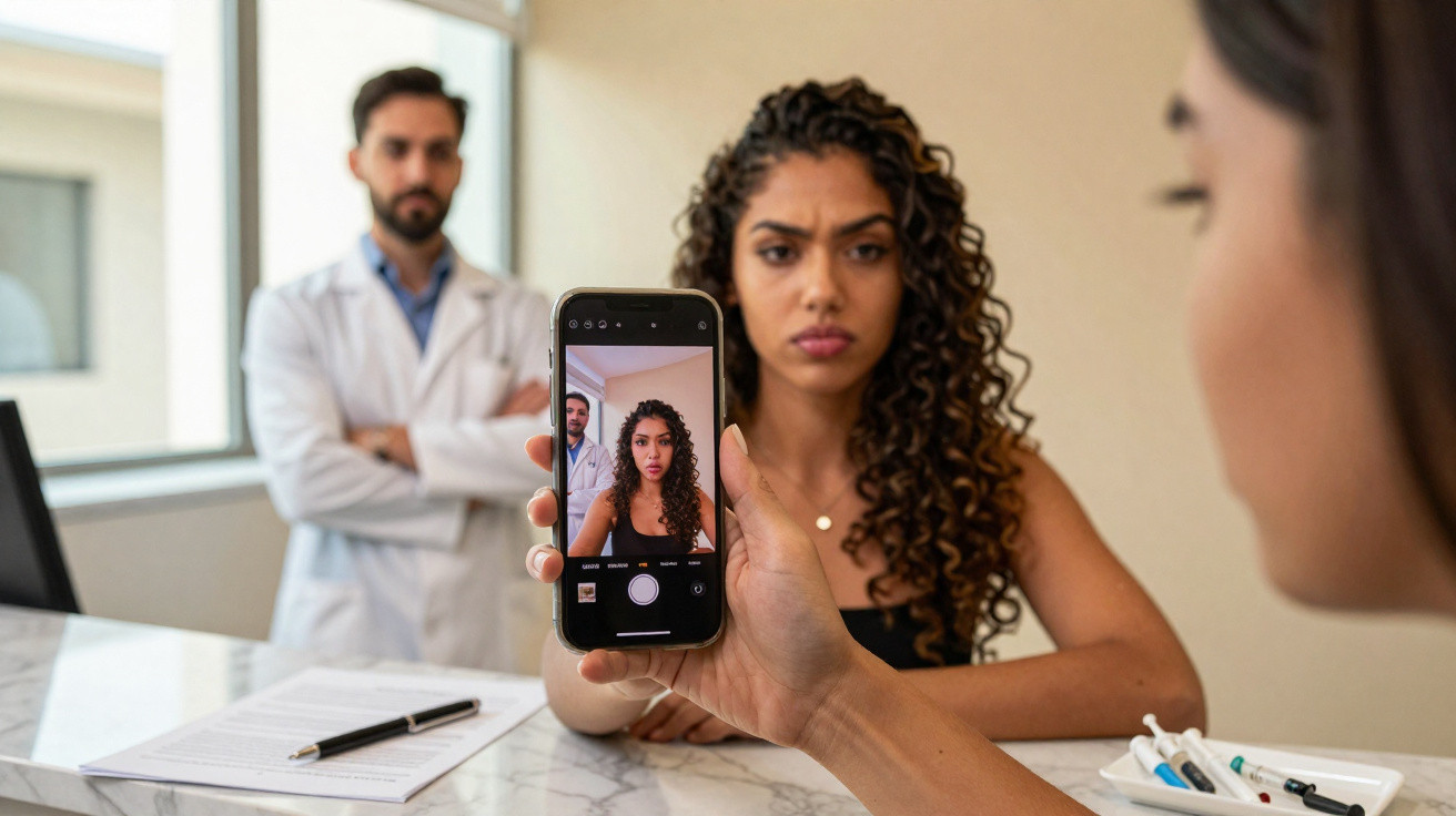 Mulher tirando foto com celular, mostrando rosto sério, médica de jaleco ao fundo com braços cruzados.