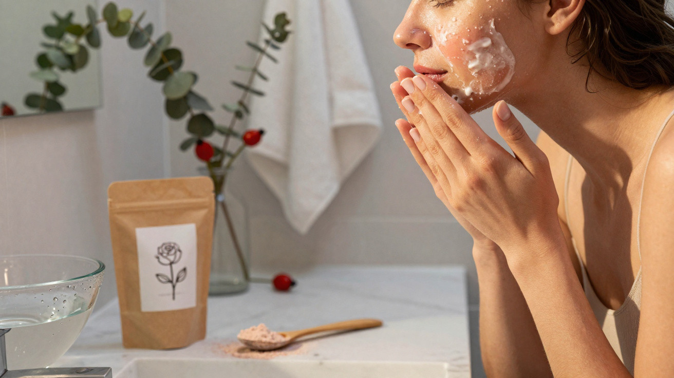 Mulher aplicando creme no rosto em banheiro com produtos naturais e toalha ao fundo.