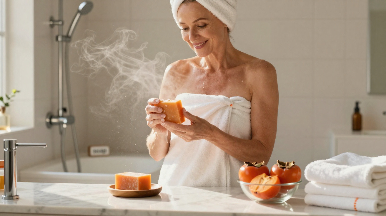 Mulher com toalha no cabelo e no corpo segurando sabonete em banho relaxante, frutas e toalhas ao lado.