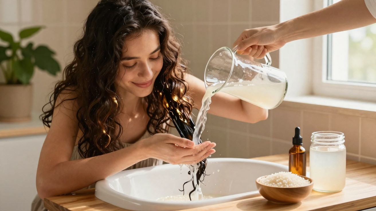 Mulher lavando o cabelo com água enquanto outra pessoa despeja líquido em uma pia na cozinha.