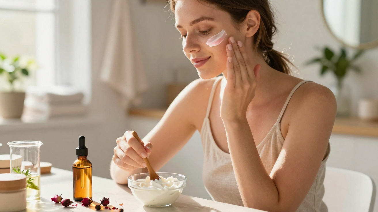 Mulher aplicando creme facial, ao lado de frascos e tigela com mistura cremosa em ambiente iluminado.