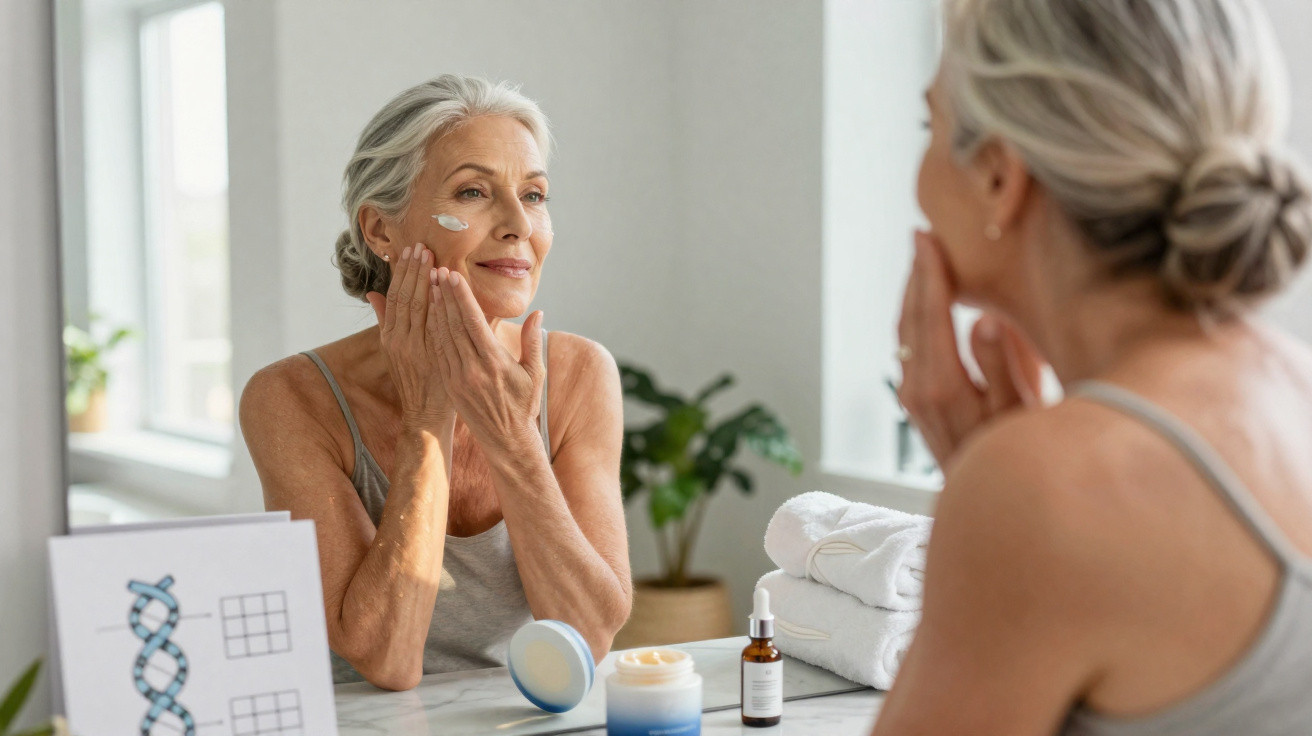 Mulher idosa aplicando creme facial diante do espelho em ambiente iluminado e tranquilo.