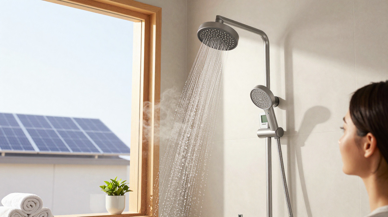 Banho quente com ducha moderna e vidraça mostrando painéis solares externos e toalhas ao lado.