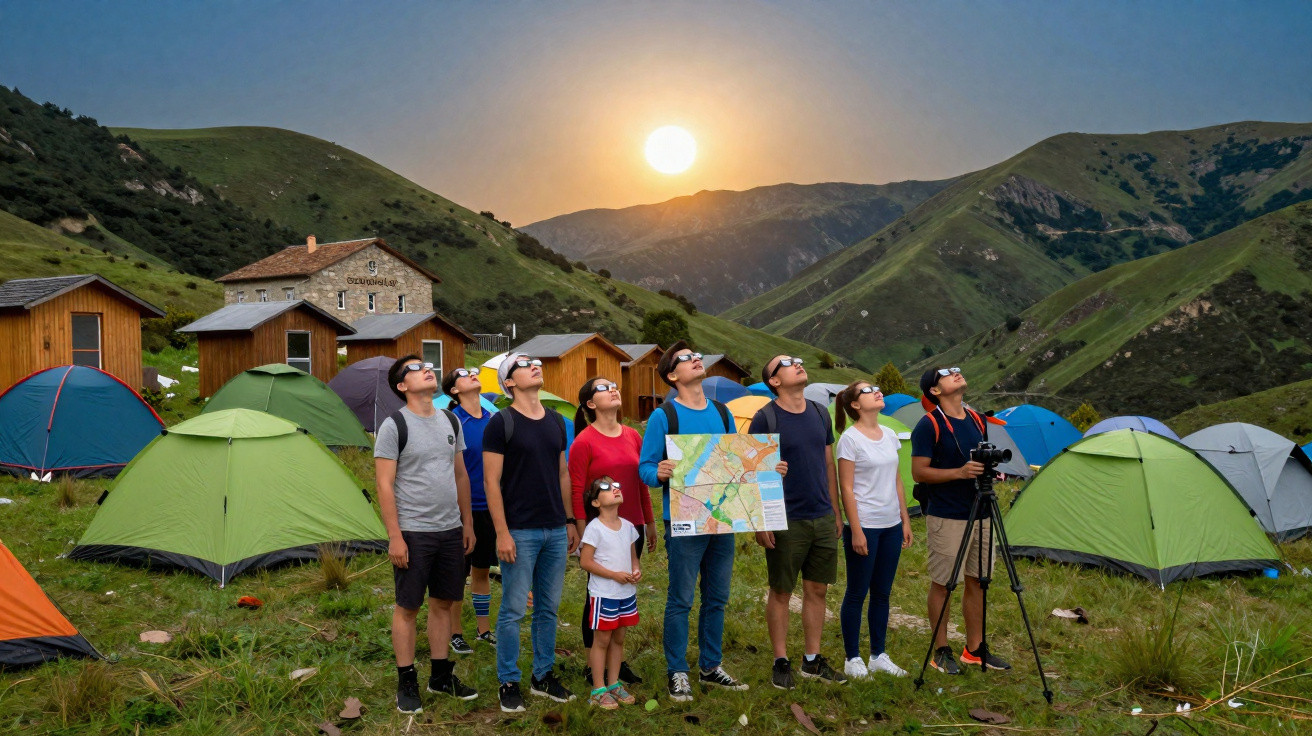 Grupo de turistas usando óculos especiais observando o sol em acampamento nas montanhas ao pôr do sol.