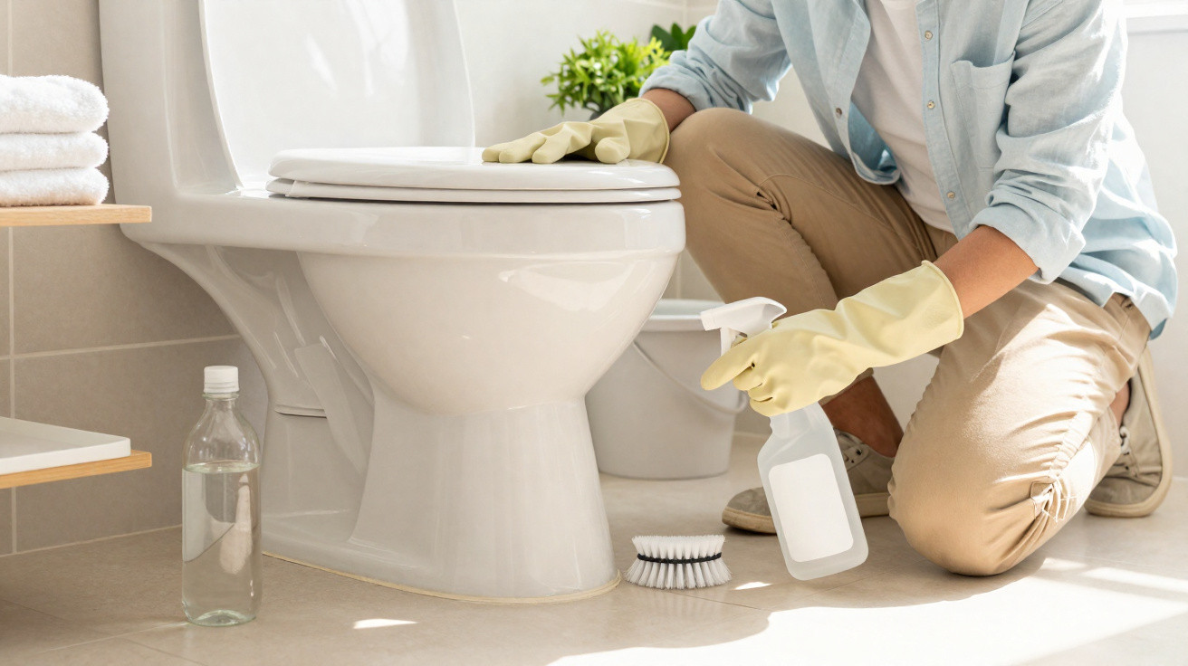 Pessoa com luvas limpando o vaso sanitário com spray e escova em banheiro branco.
