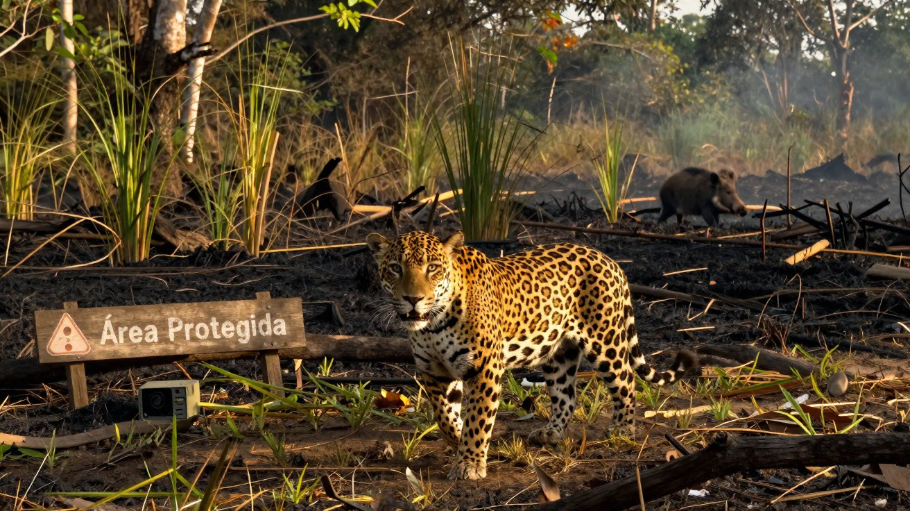 Onça-pintada em área protegida com vegetação queimada e um porco-do-mato ao fundo.