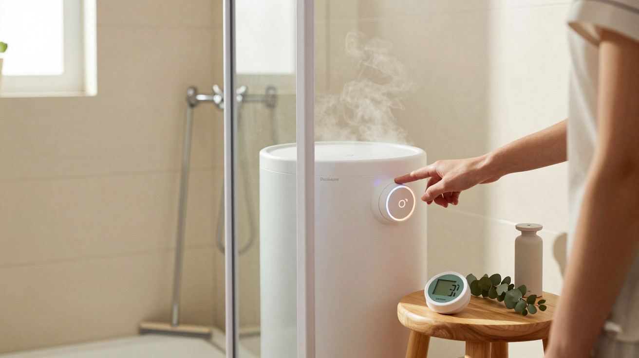 Pessoa ajustando umidificador branco que exala vapor em banheiro iluminado e mobiliado com banco de madeira.
