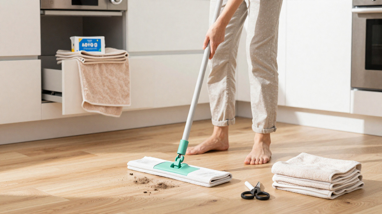 Pessoa tirando poeira do chão de madeira com um mop em cozinha clara, ao lado de toalhas e tesoura.
