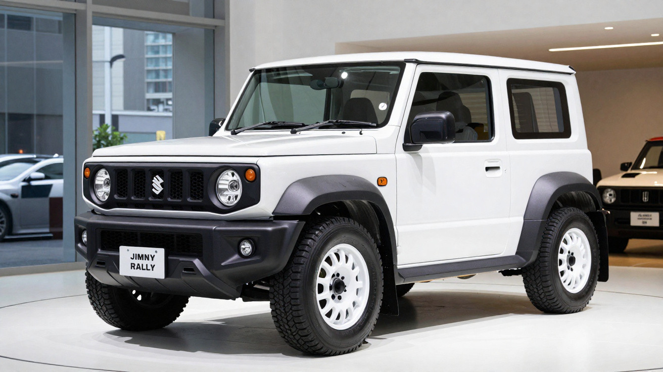 Carro Suzuki Jimny Rally branco exposto em área interna, destaque para design robusto e rodas off-road.