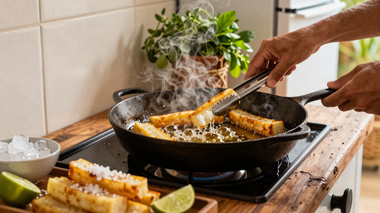 Mãos fritando palitos de queijo em frigideira com óleo, ao lado de tábuas com limão e gelo.