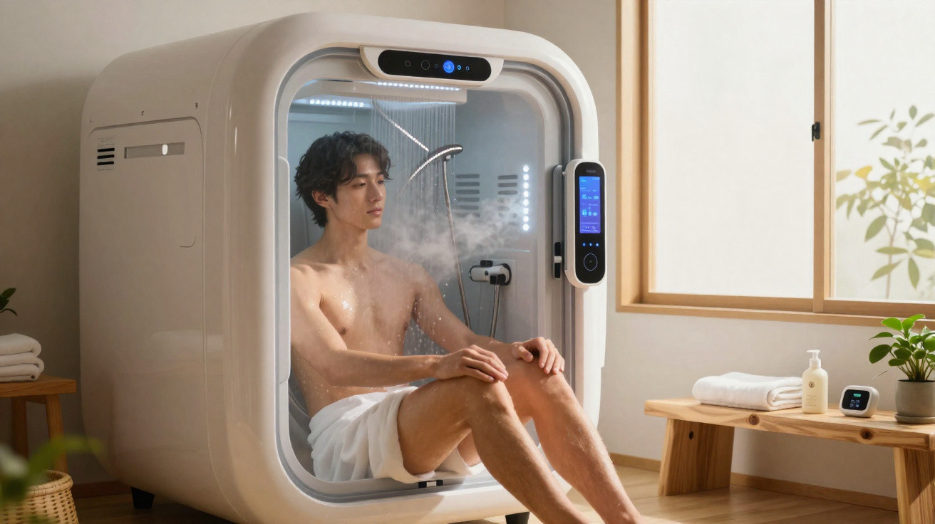 Homem sentado relaxando em cabine de sauna a vapor moderna em sala clara e arejada.