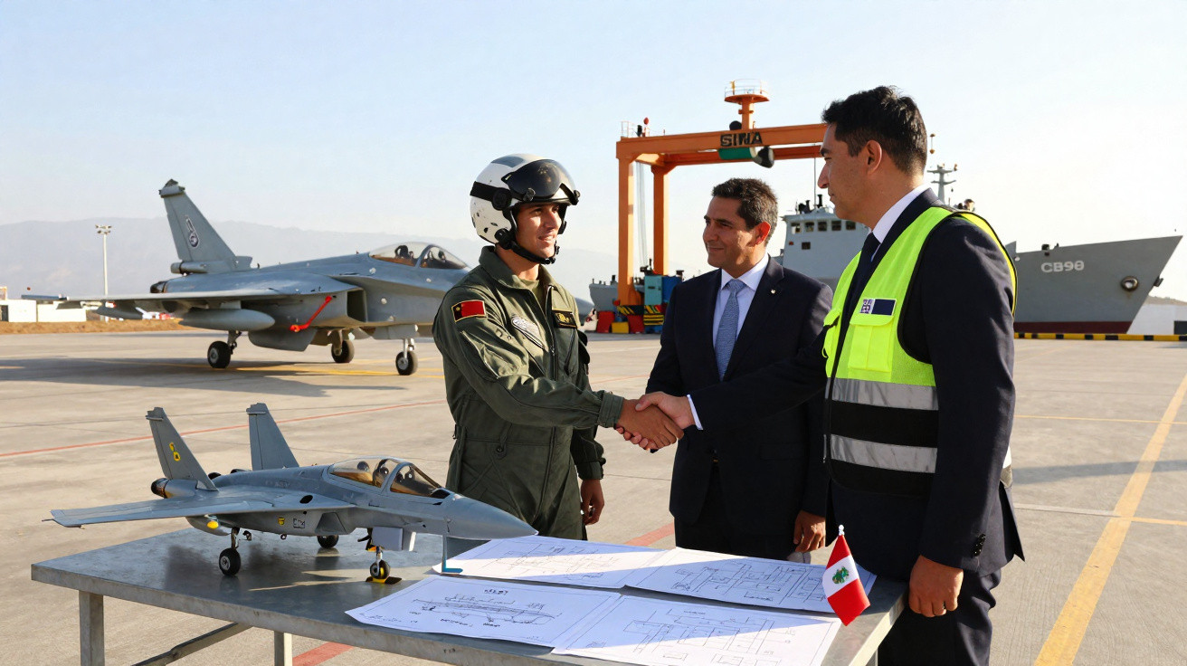 Piloto militar cumprimenta oficiais em pista de aeródromo com modelos de aviões e documentos em mesa.