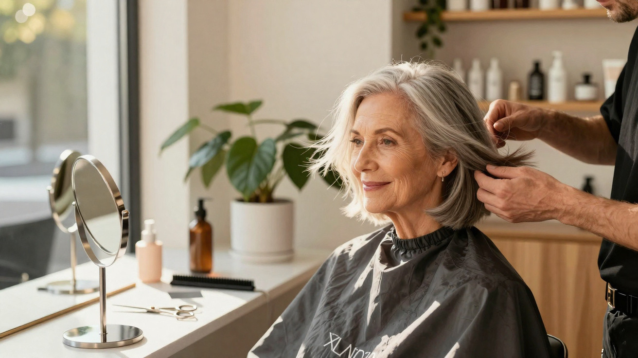 Mulher idosa sorridente recebendo corte de cabelo em salão moderno com espelho e plantas ao fundo.
