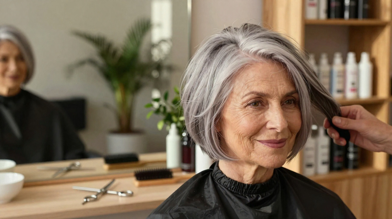 Mulher idosa sorridente recebendo corte de cabelo em salão de beleza moderno.
