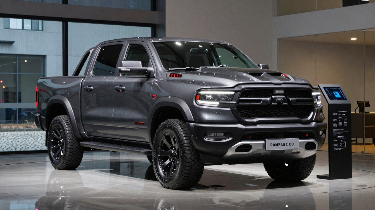 Picape cinza escura Dodge Ram Rampage EU exposta em showroom moderno com teto alto e iluminação ampla.