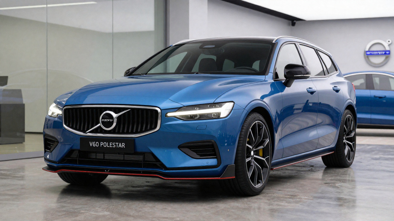 Carro Volvo V60 Polestar azul em showroom, vista frontal com faróis acesos e rodas esportivas.