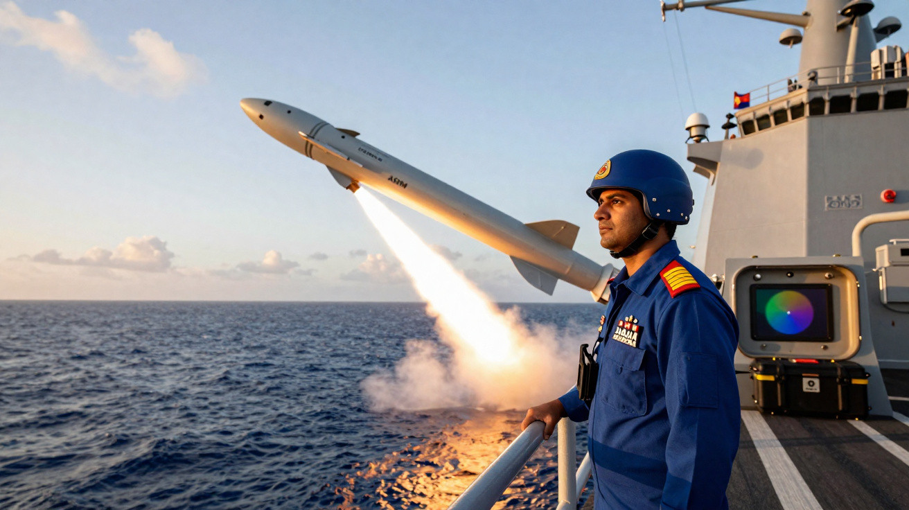 Militar em uniforme azul observa lançamento de míssil do convés de navio no mar ao entardecer.