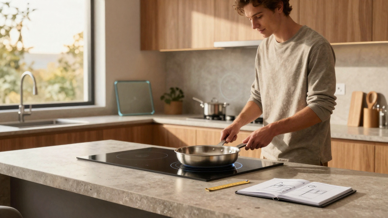 Homem preparando comida em cozinha moderna com bancada de pedra e caderno de receitas aberto.