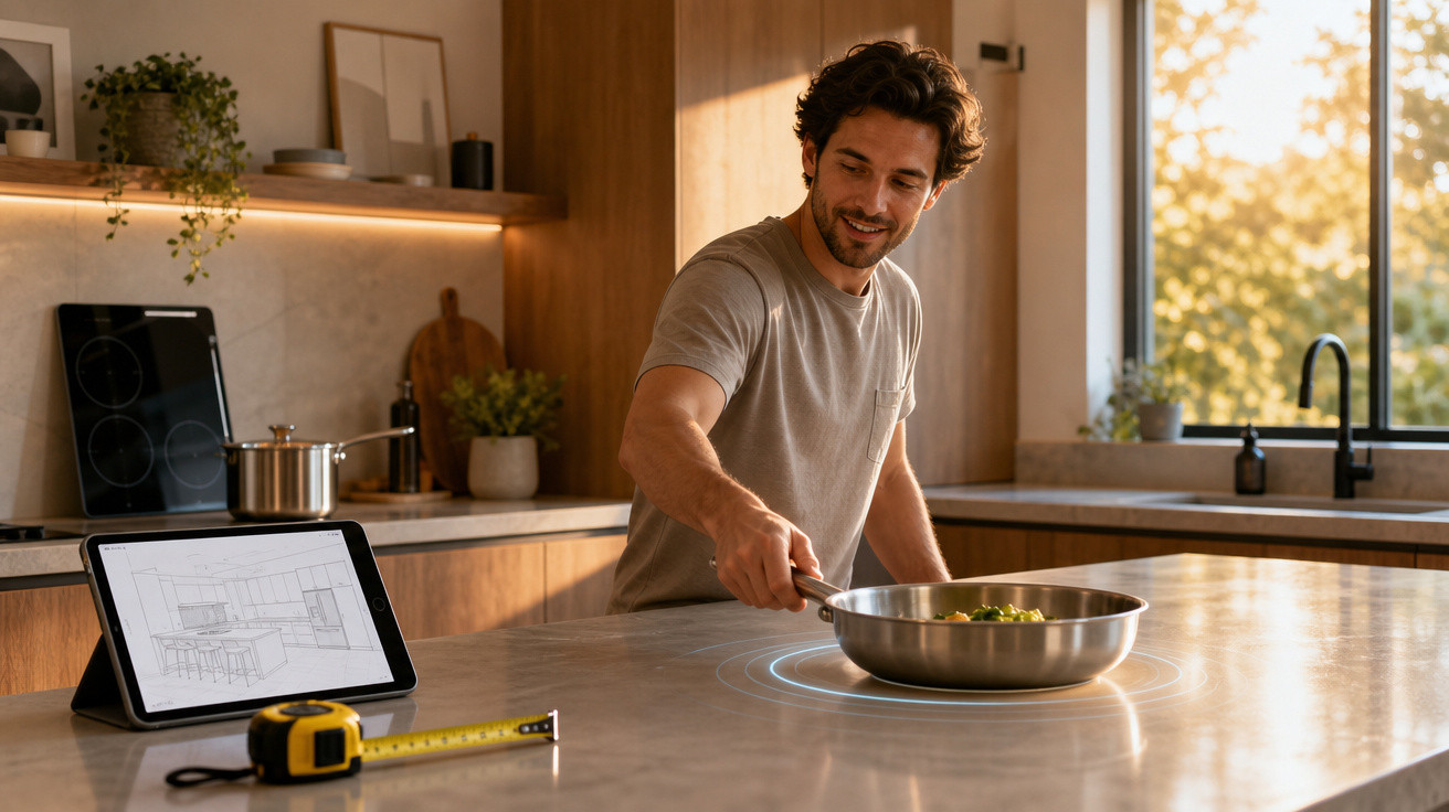 Homem cozinhando em cozinha moderna com planta de design aberta em tablet na bancada.