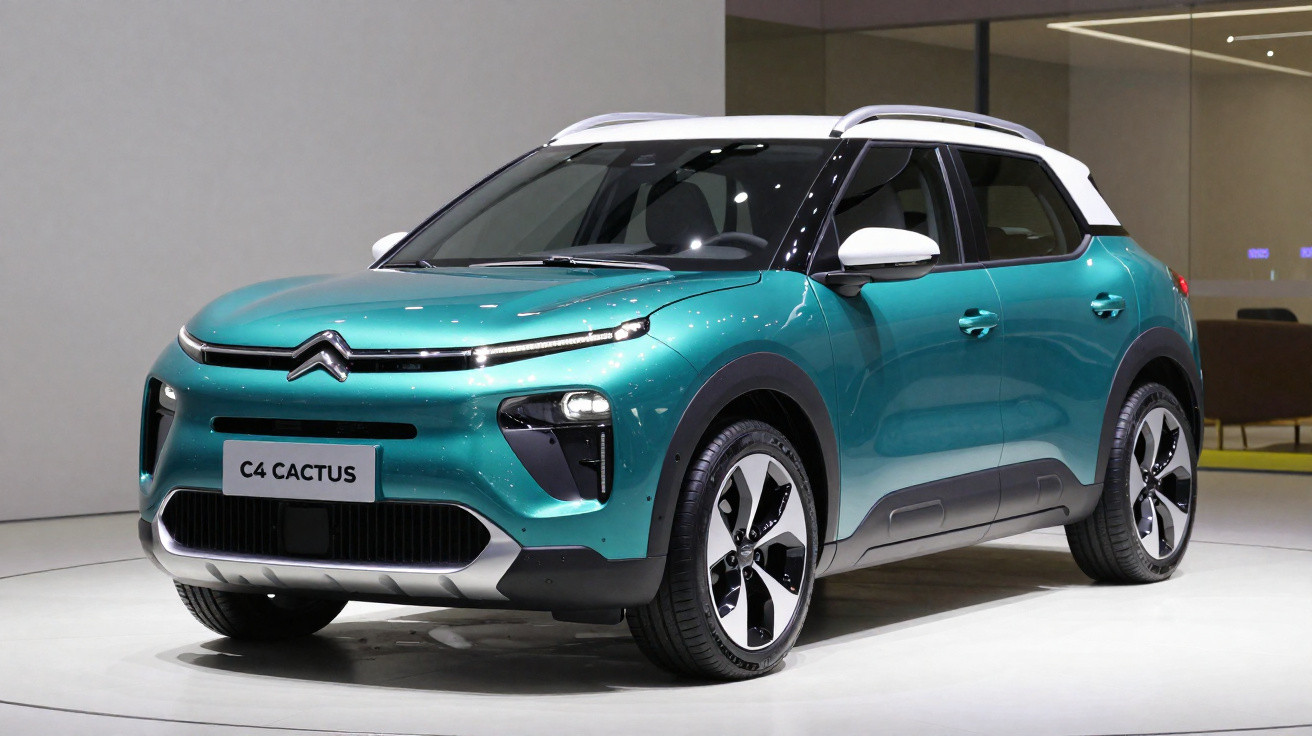 Carro SUV Citroën C4 Cactus verde com teto branco exibido em ambiente interno moderno.