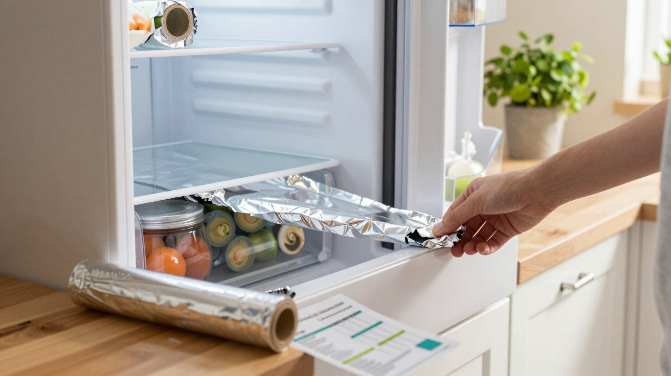 Mão retirando papel alumínio de alimentos armazenados na geladeira, com rolo de alumínio e ficha na bancada.