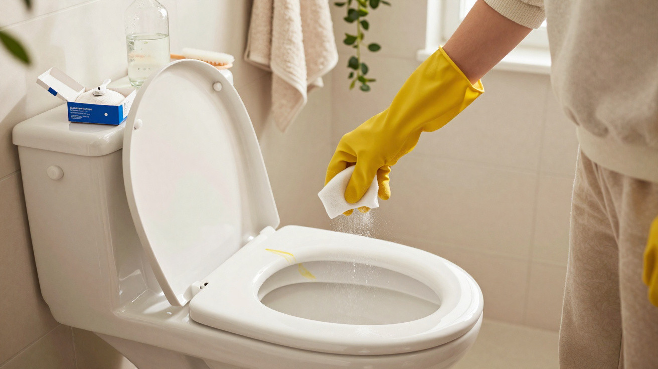 Pessoa com luva amarela aplicando produto de limpeza em vaso sanitário branco em banheiro.