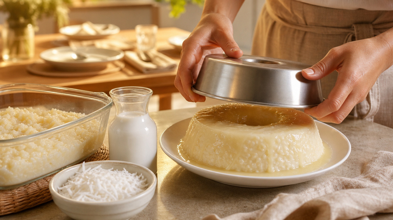 Pessoa desenformando pudim de tapioca em prato branco, com ingredientes ao redor e mesa ao fundo.