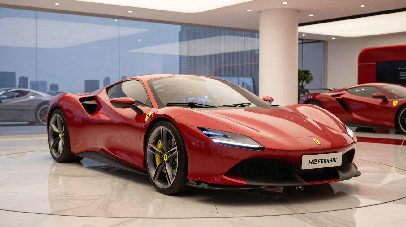 Carro esportivo Ferrari vermelho exibido em showroom moderno com piso de mármore reflexivo.