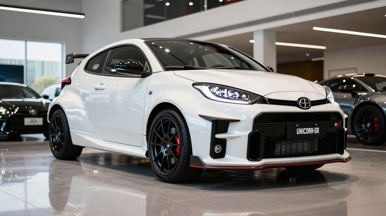 Carro esportivo branco Toyota GR Yaris em showroom com rodas pretas e detalhes em vermelho.