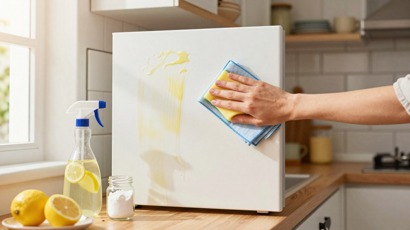 Mão limpando sujeira amarela de superfície branca com esponja azul na cozinha iluminada.