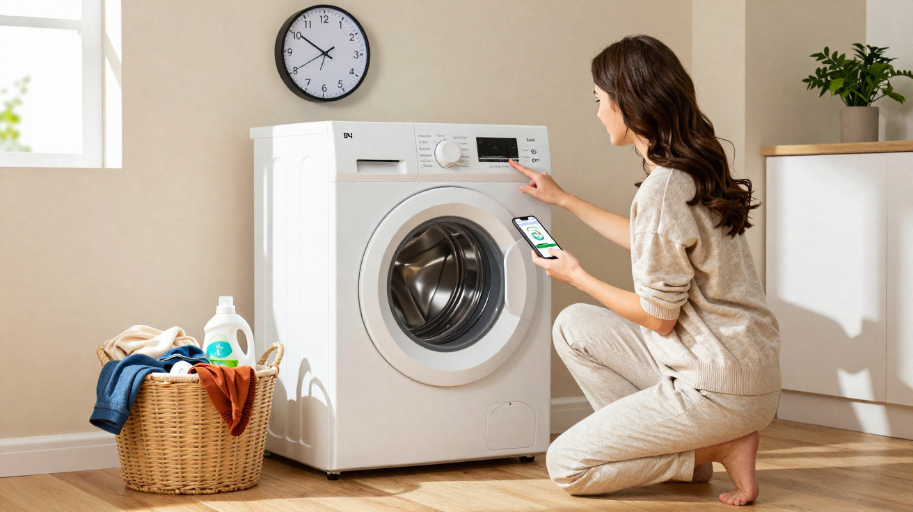 Mulher agachada ajusta configurações de máquina de lavar roupas, segurando celular em ambiente doméstico.