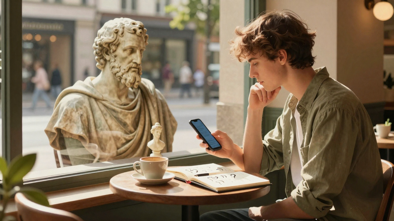 Jovem sentado em cafeteria lendo celular, com escultura antiga ao lado e caderno aberto na mesa.