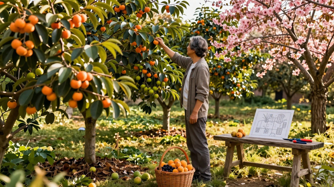 Homem colhendo frutas em pomar com árvore florida e cesta cheia de frutas ao lado.