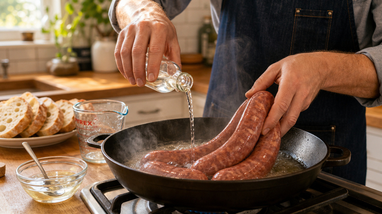 Pessoa temperando linguiças em frigideira com óleo em fogão na cozinha caseira.