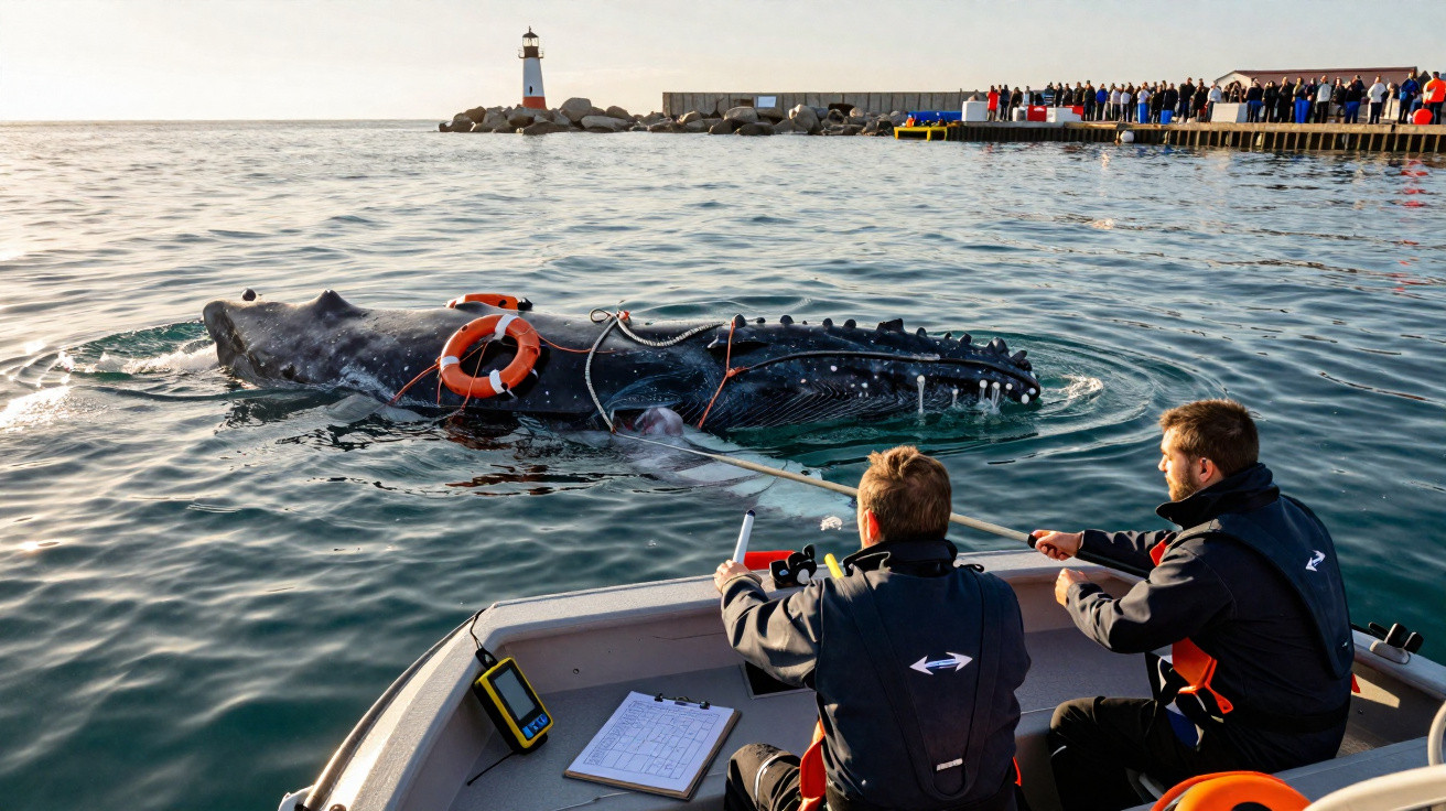 Dois pesquisadores em barco medem uma baleia jubarte próxima à costa com farol e pessoas ao fundo.