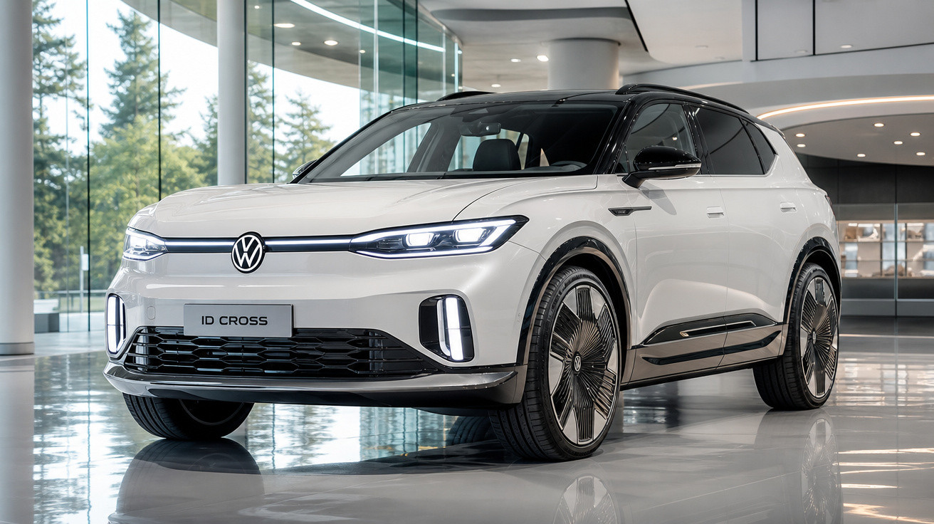 Carro elétrico Volkswagen ID Cross branco estacionado em showroom moderno com piso brilhante.