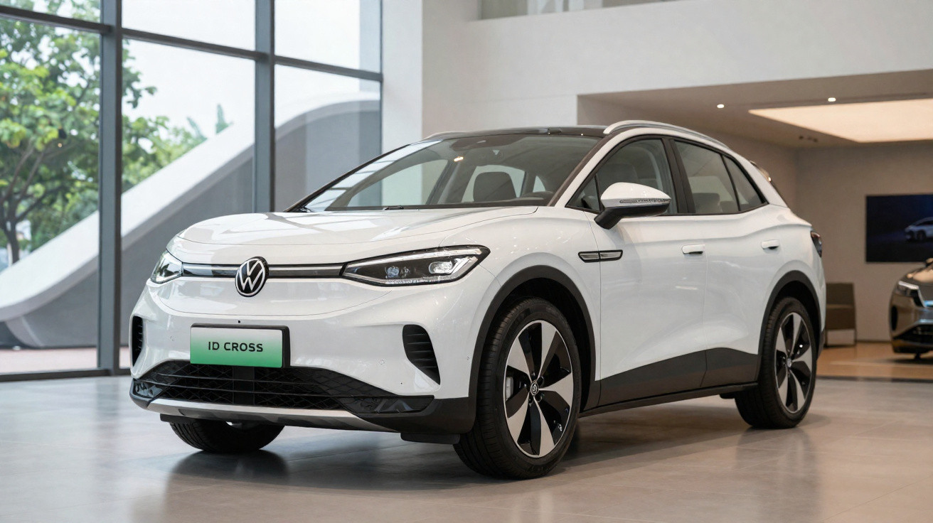 Carro elétrico branco Volkswagen ID. Cross exibido em showroom moderno com piso cinza e paredes brancas.