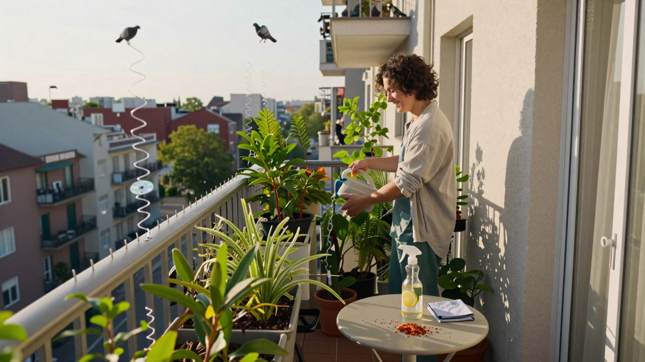 Pessoa regando plantas em varanda de apartamento com spray e regador ao sol da manhã.