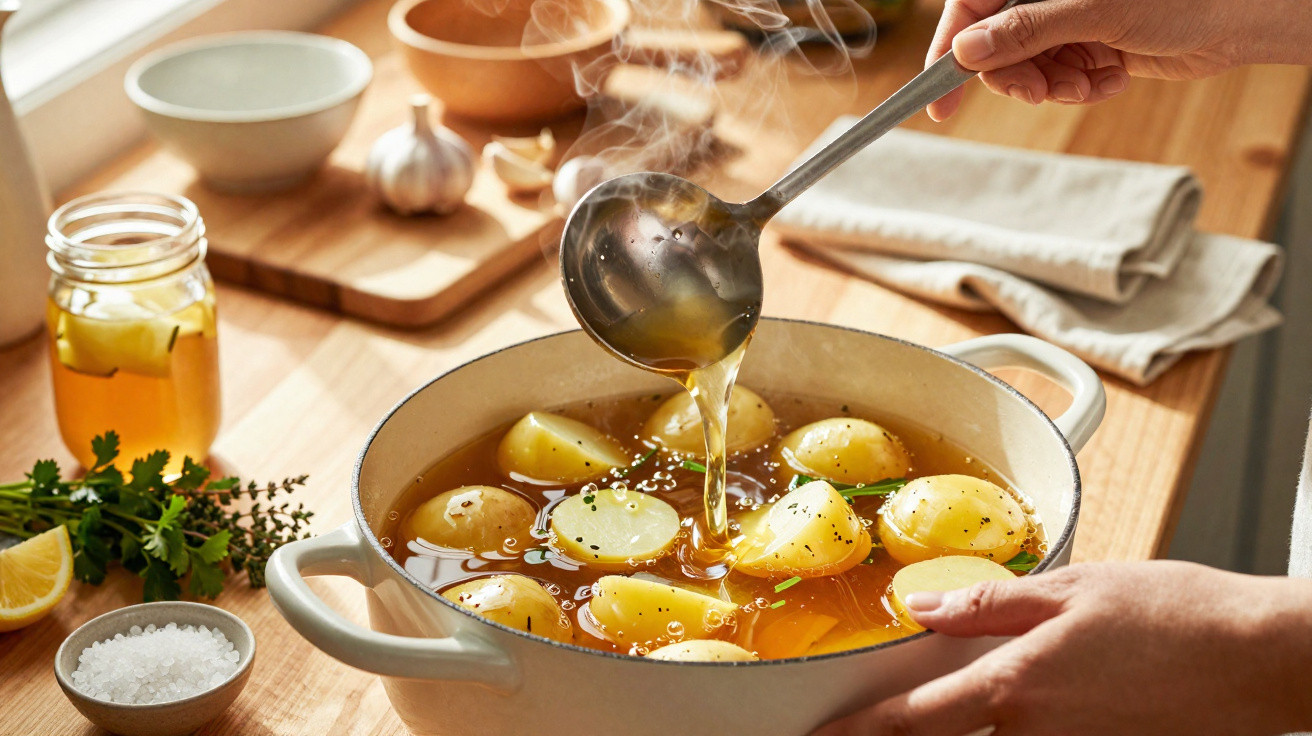 Pessoa servindo sopa quente com batatas em panela branca, cercada por temperos e utensílios na mesa de madeira.