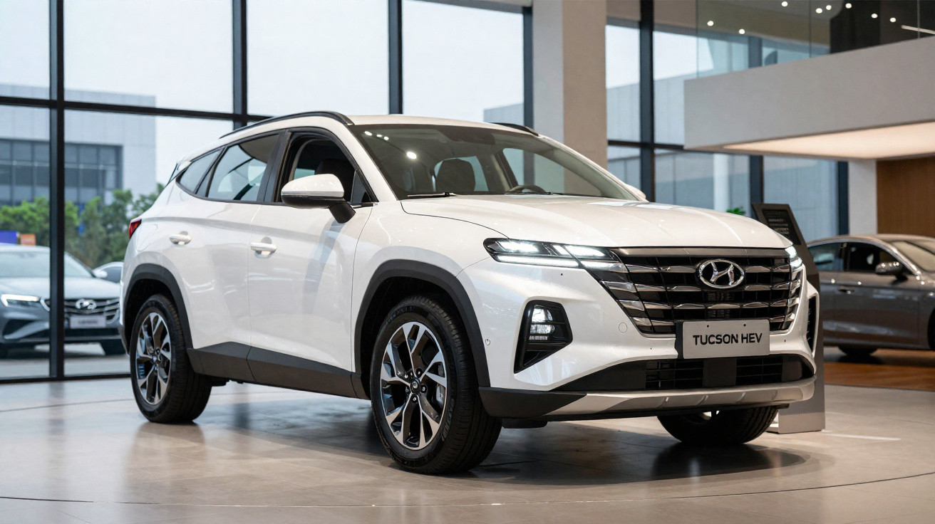 SUV Hyundai Tucson HEV branco em exibição dentro de showroom moderno com acabamentos em vidro e madeira.