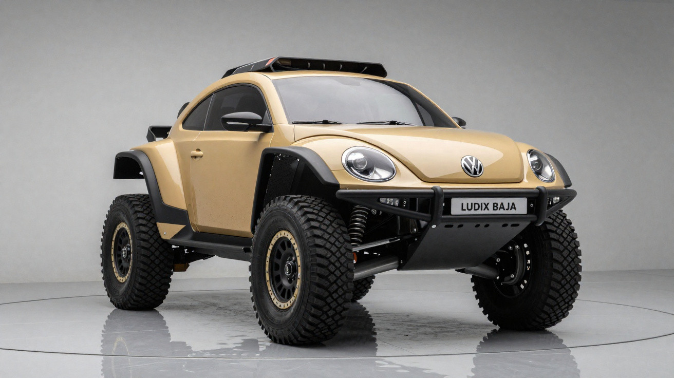 Carro estilo off-road Volkswagen Beetle modificado com pneus grandes e suspensão elevada fundo cinza.