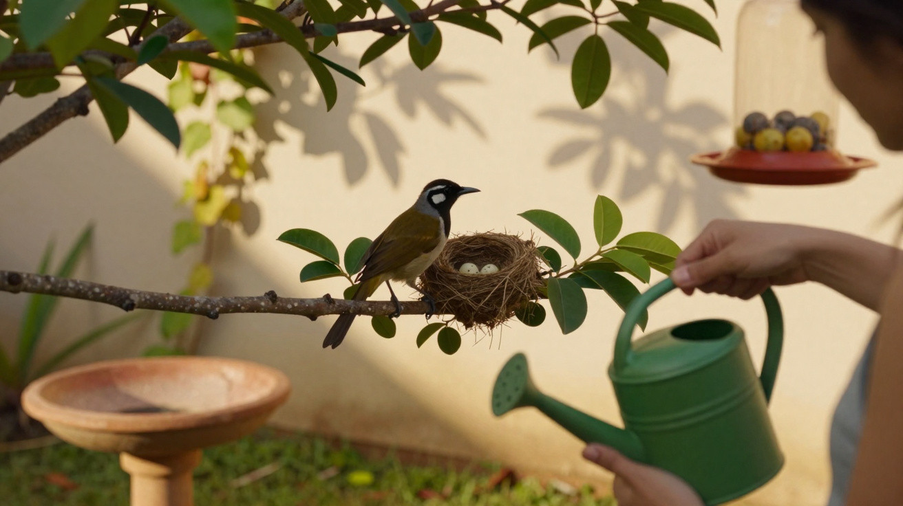 Pássaro sentado em galho com ninho e ovos, enquanto pessoa rega planta com regador verde.