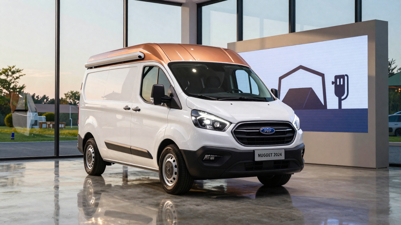 Ford Nugget 2024 branco com teto elevado em exposição em ambiente interno moderno.