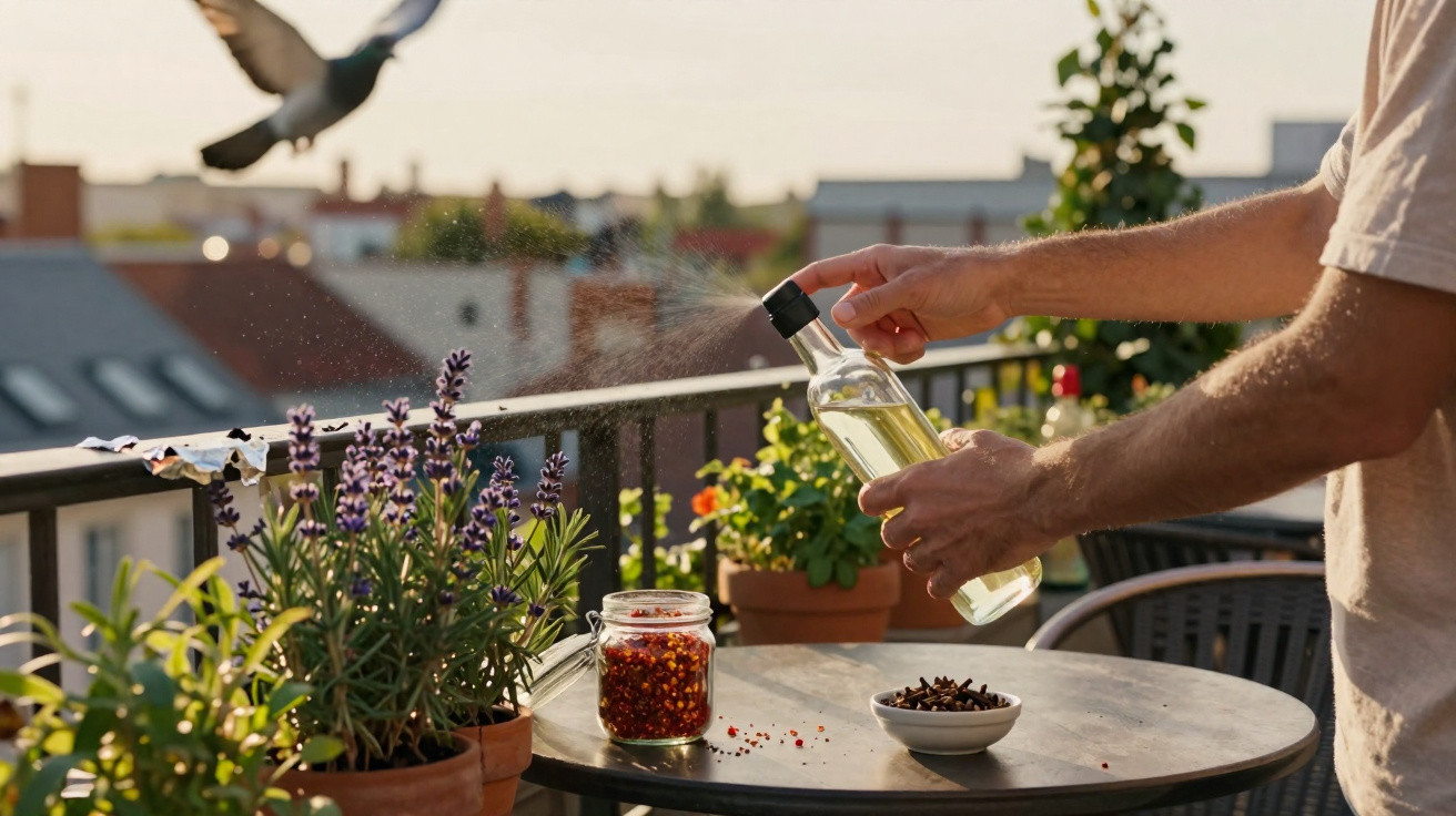Pessoa borrifando óleo em plantas em varanda com vaso de lavanda e pomar em dia ensolarado.