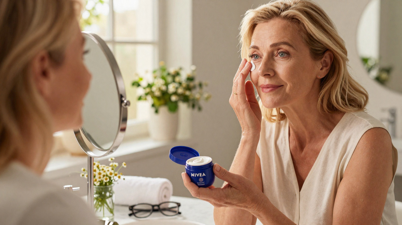 Mulher madura aplicando creme facial Nivea em frente ao espelho em banheiro iluminado.
