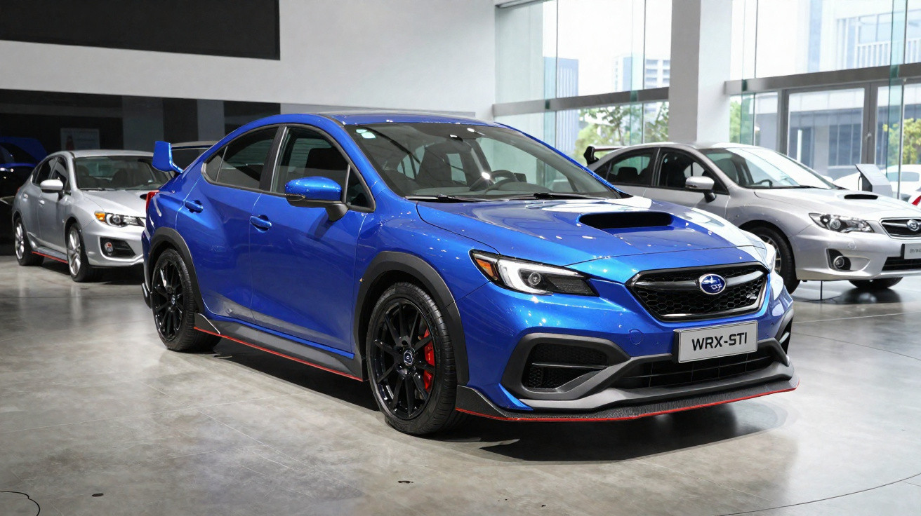 Carro esportivo azul Subaru WRX-STI em showroom, com outros carros ao fundo.