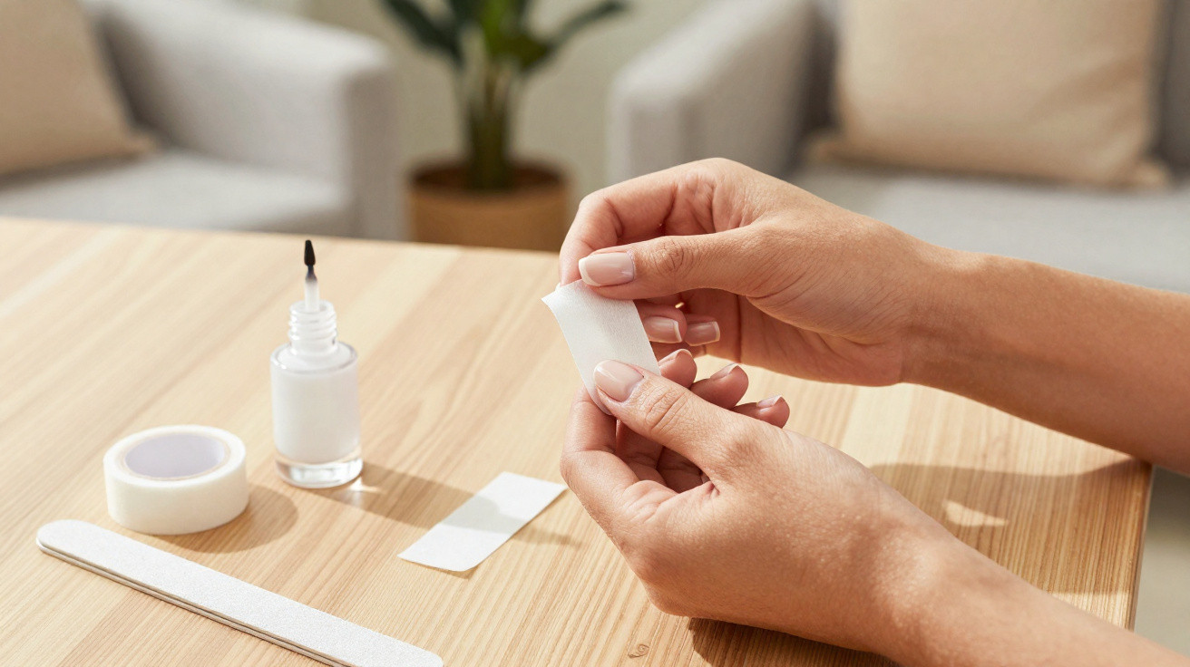 Mãos femininas segurando adesivo para unha com removedor de esmalte, lixa e fita sobre mesa de madeira.